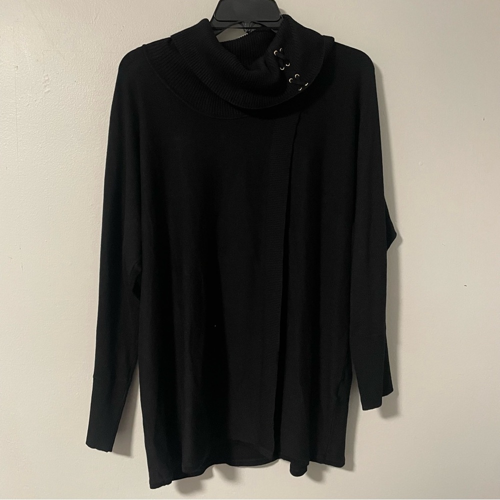 JM collection, black turtleneck, cowl neck lace, detailed tunic length sweater L
